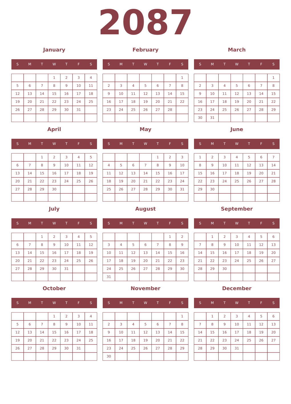 Printable 2087 Year Calendars cordovan