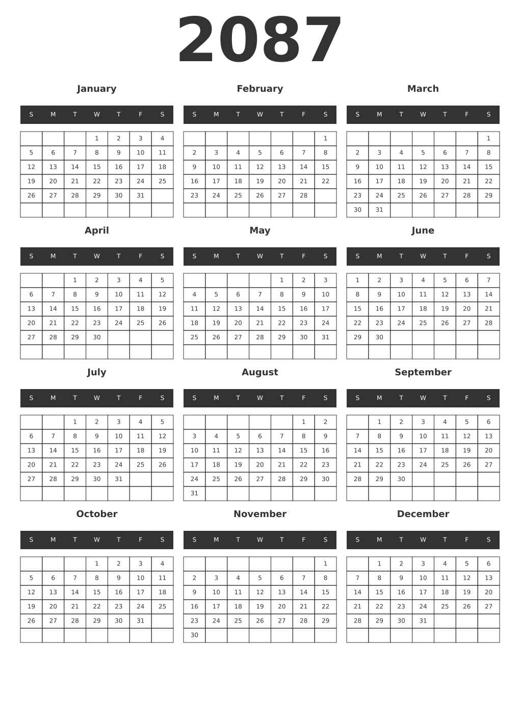 Printable 2087 Year Calendars dark