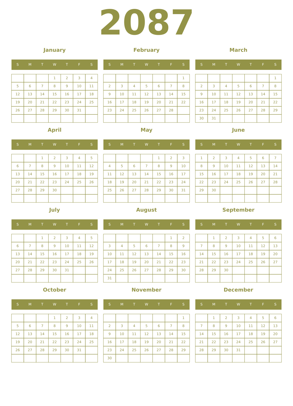 Printable 2087 Year Calendars eburnean