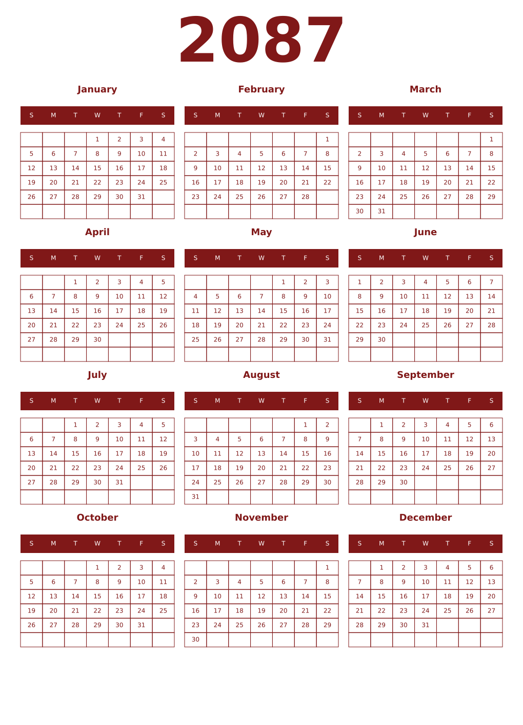Printable 2087 Year Calendars falu