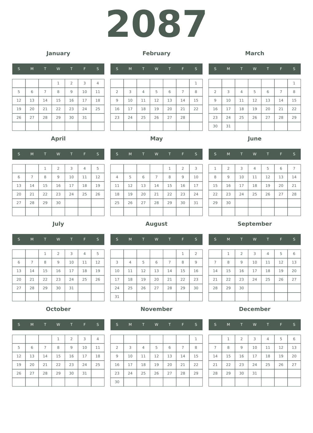 Printable 2087 Year Calendars feldgrau