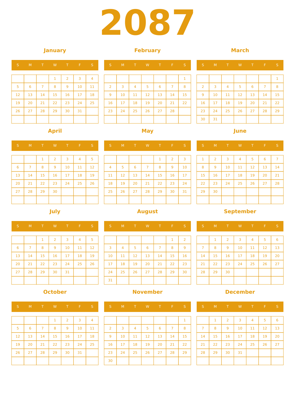 Printable 2087 Year Calendars gamboge