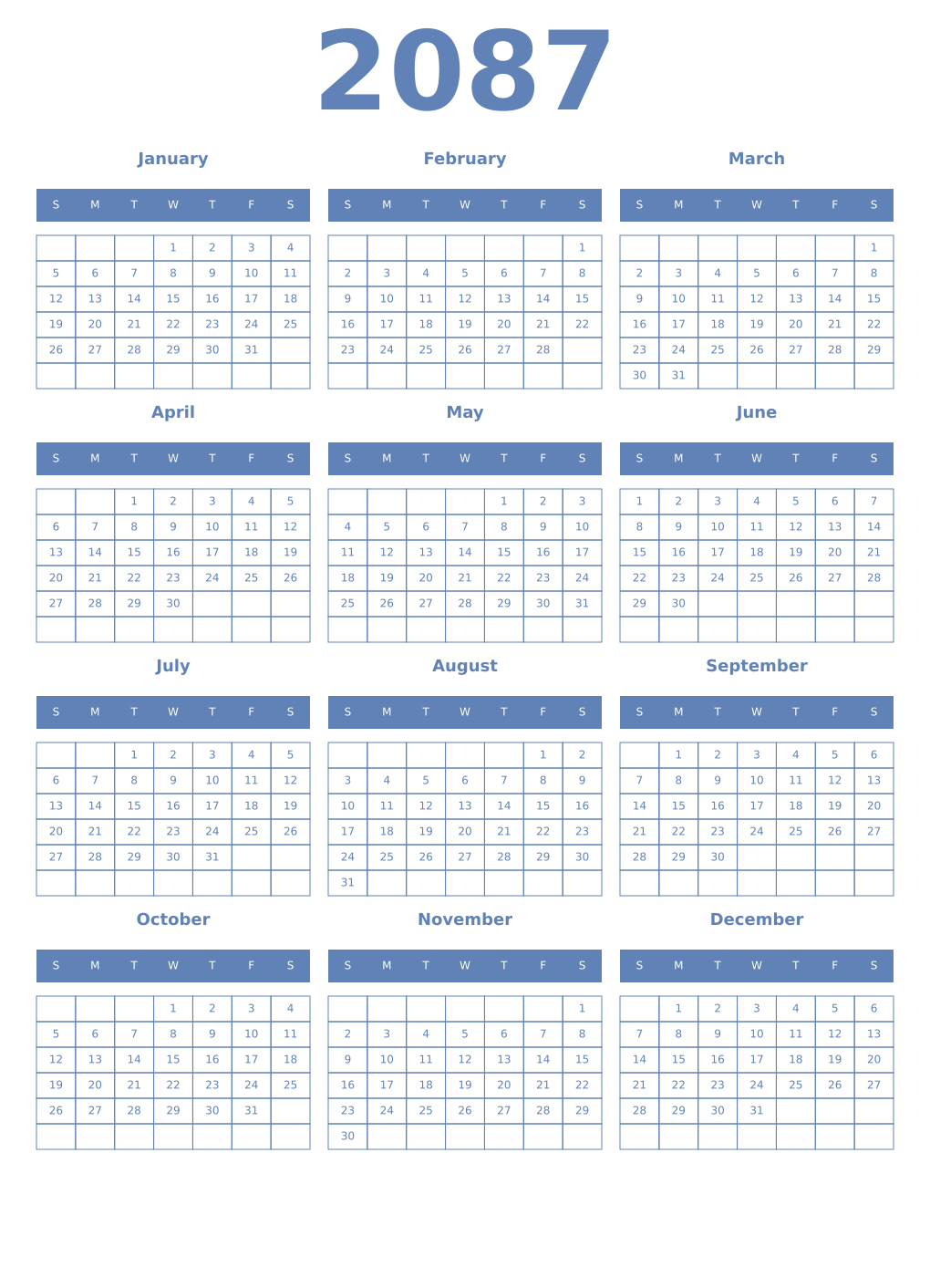 Printable 2087 Year Calendars glaucous