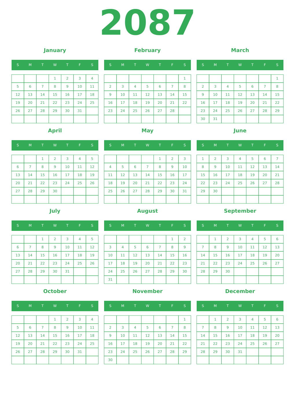 Printable 2087 Year Calendars green