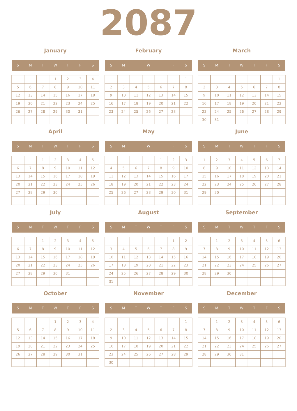 Printable 2087 Year Calendars isabelline