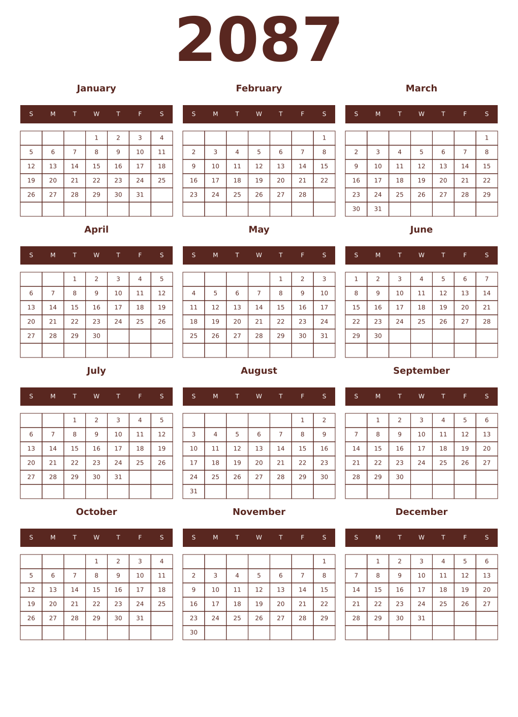 Printable 2087 Year Calendars mortuum