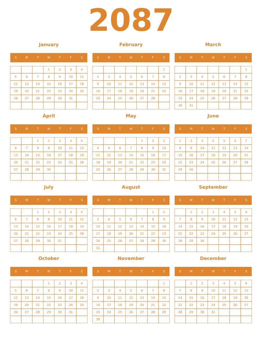 Printable 2087 Year Calendars orange