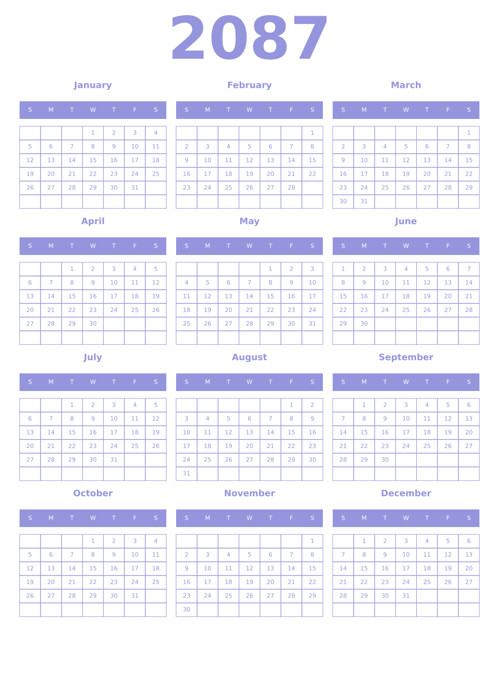 Printable 2087 Year Calendars periwinkle