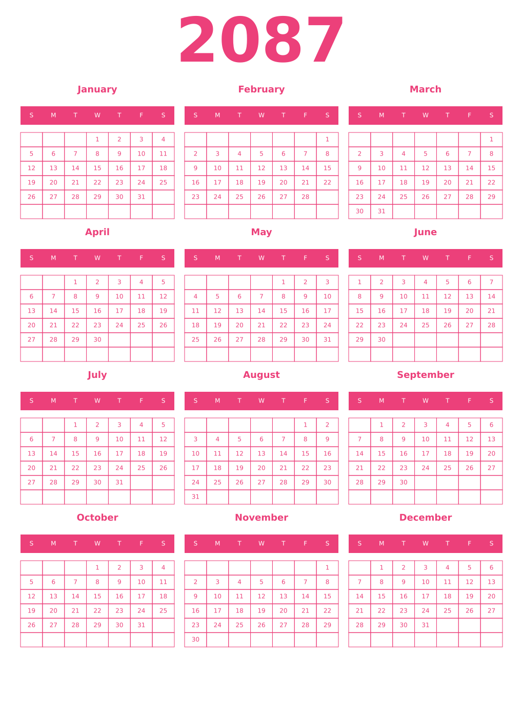Printable 2087 Year Calendars pink