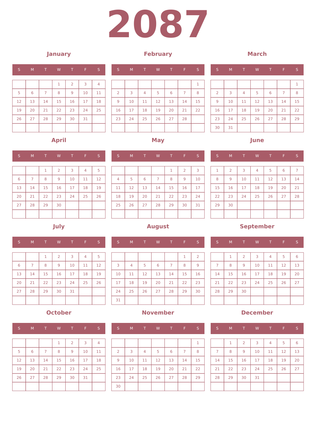 Printable 2087 Year Calendars puce
