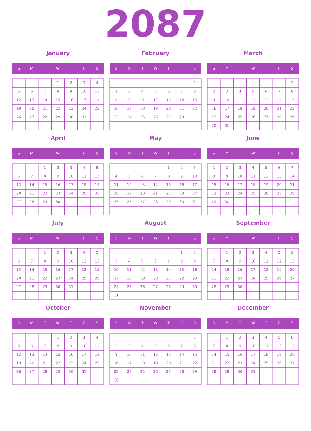 Printable 2087 Year Calendars purple