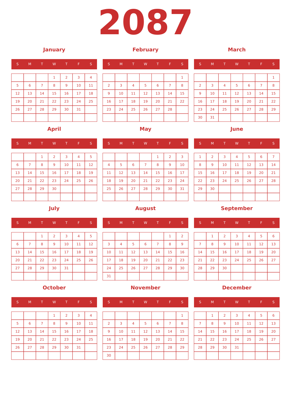 Printable 2087 Year Calendars red