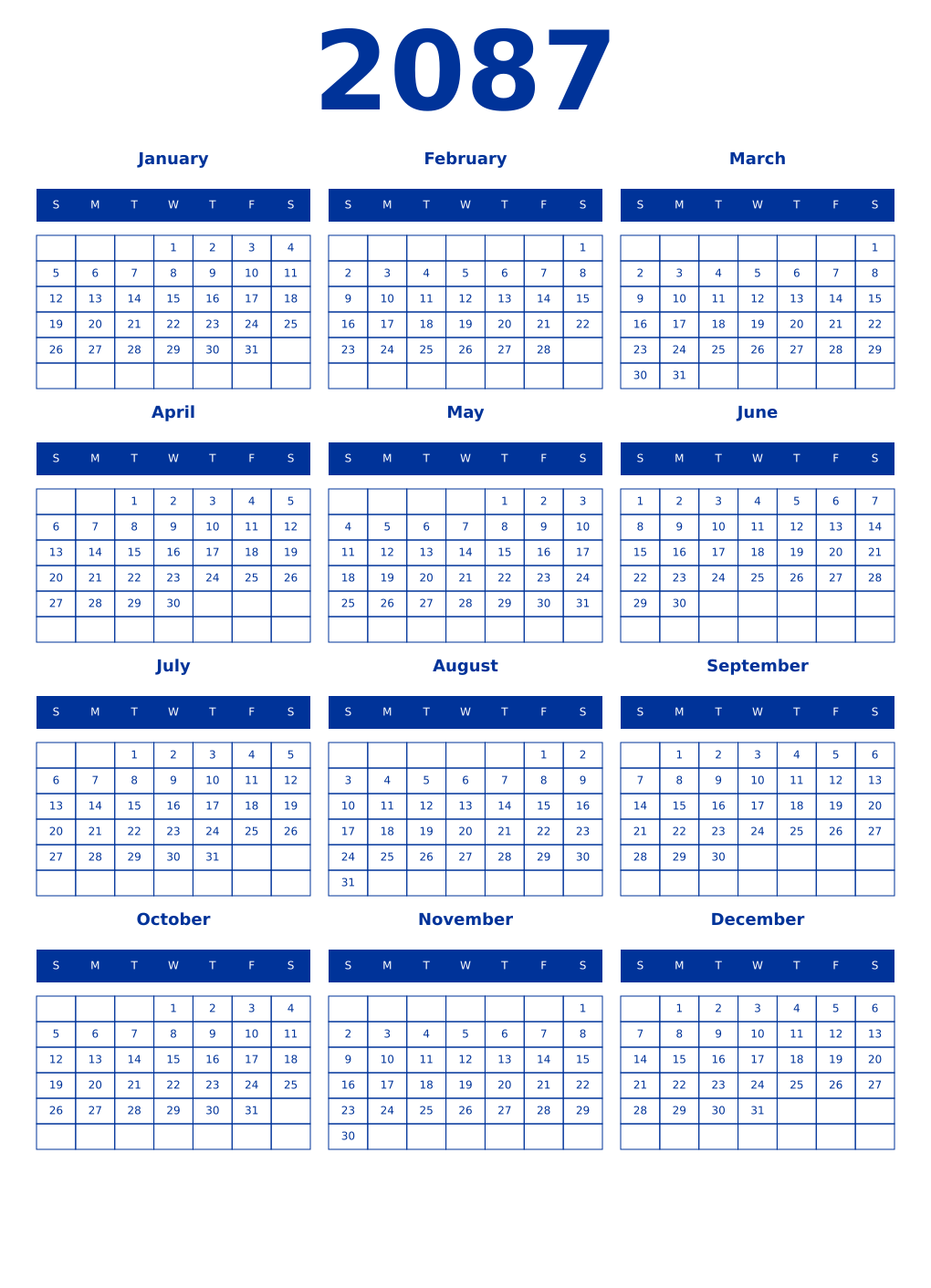 Printable 2087 Year Calendars smalt