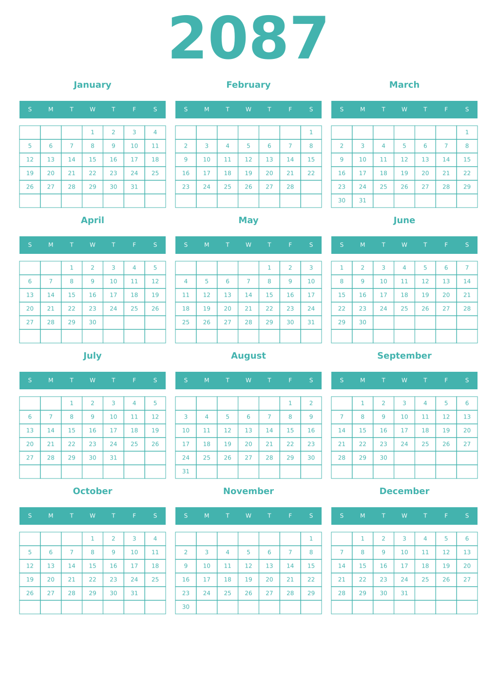 Printable 2087 Year Calendars verdigris