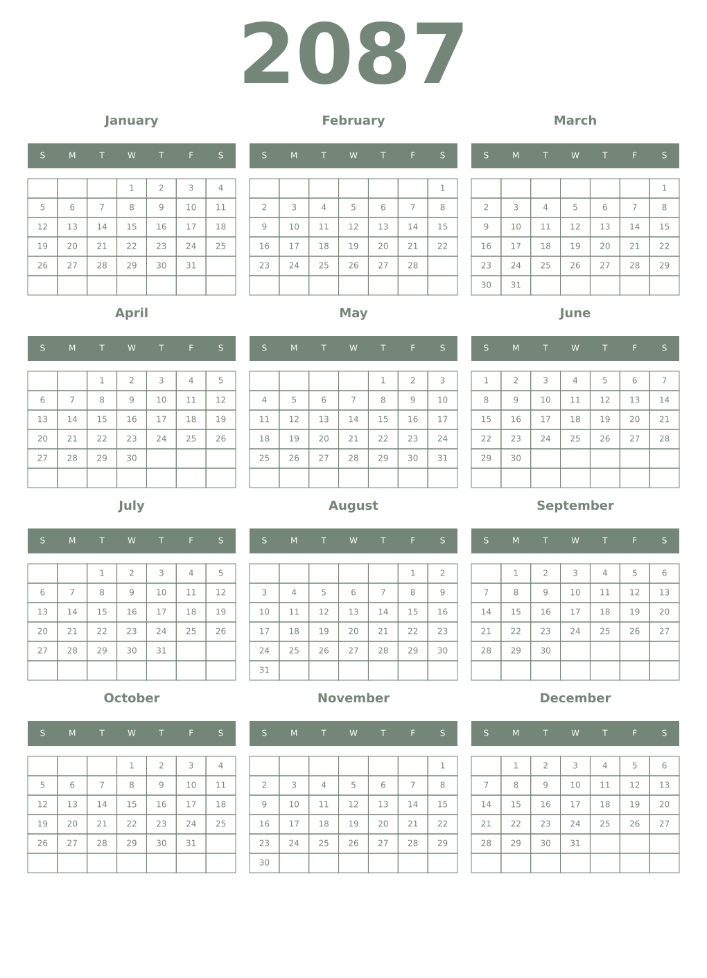 Printable 2087 Year Calendars xanadu