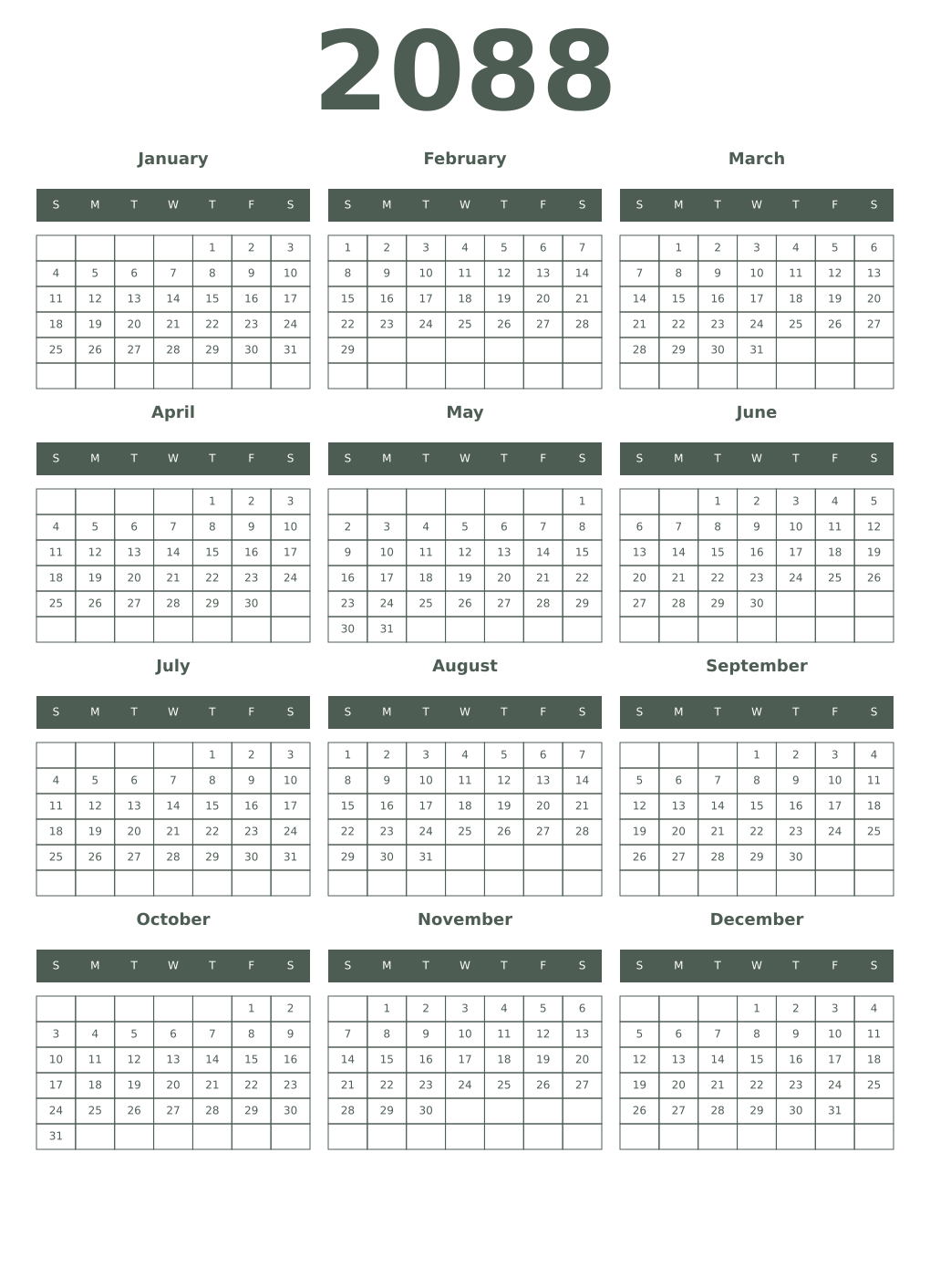 Printable 2088 Year Calendars feldgrau