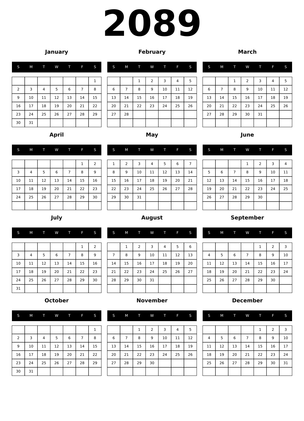 Printable 2089 Year Calendars black