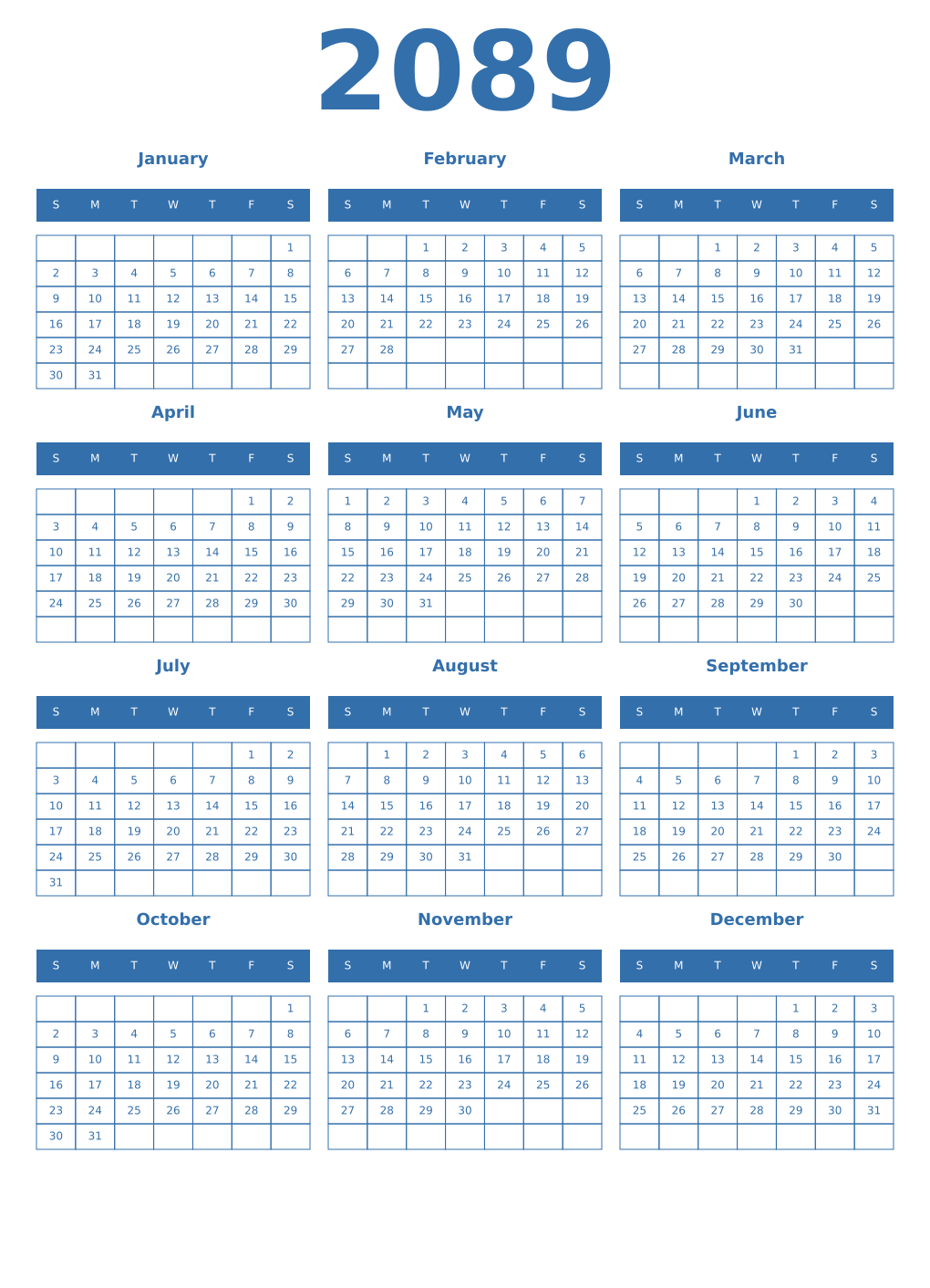 Printable 2089 Year Calendars blue