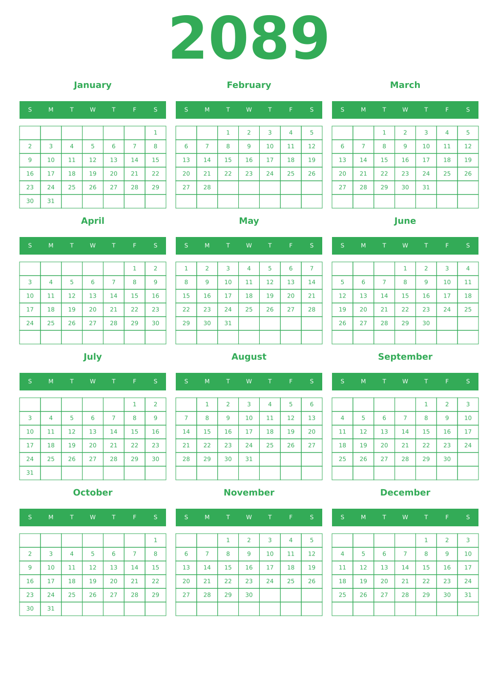 Printable 2089 Year Calendars green