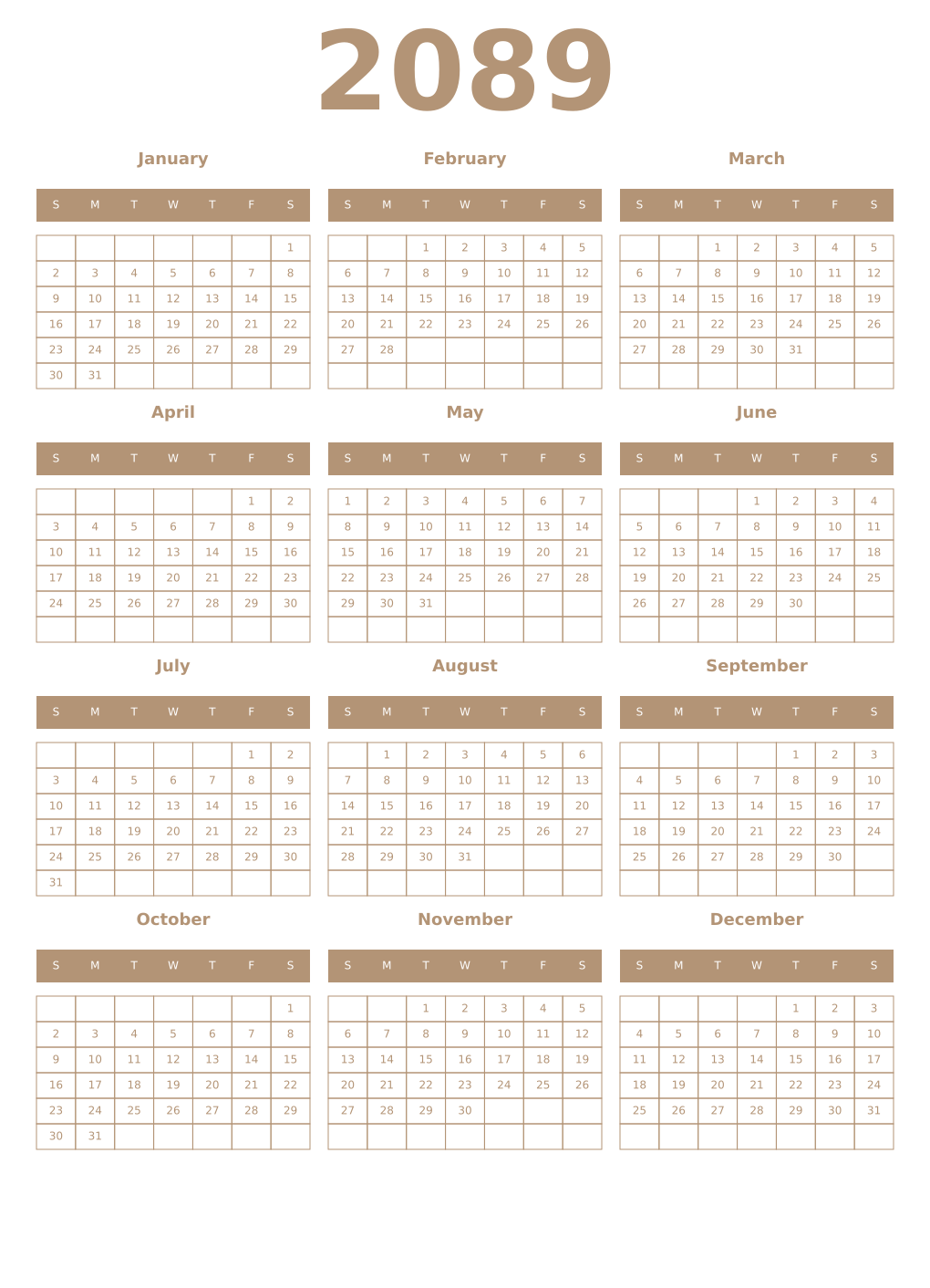Printable 2089 Year Calendars isabelline