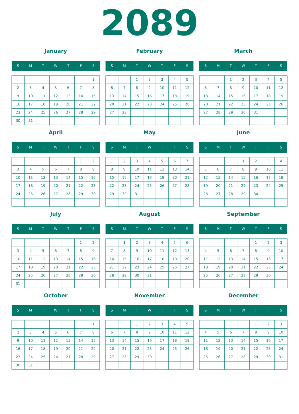 Printable 2089 Year Calendars pastel