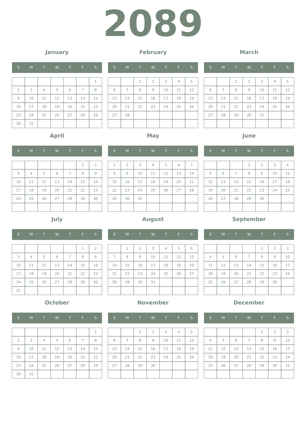 Printable 2089 Year Calendars xanadu
