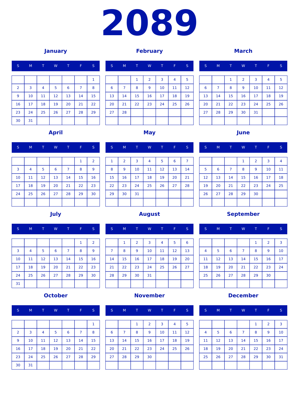 Printable 2089 Year Calendars zaffre