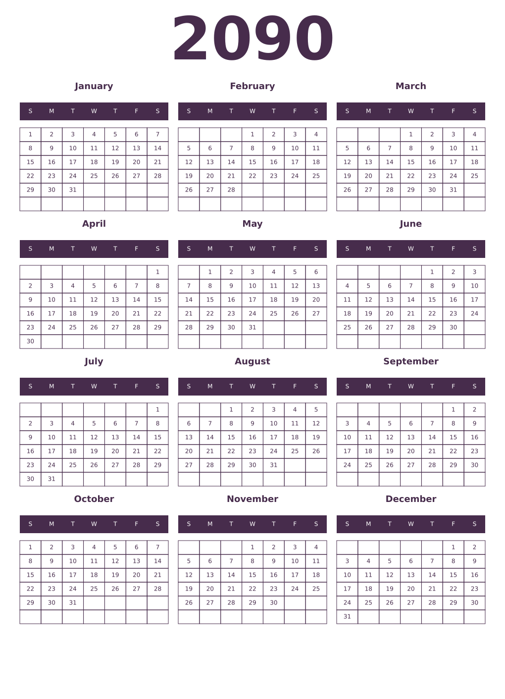 Printable 2090 Year Calendars aubergine