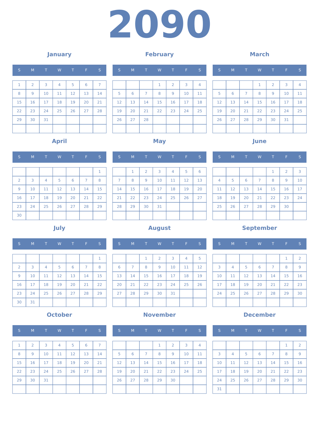 Printable 2090 Year Calendars glaucous