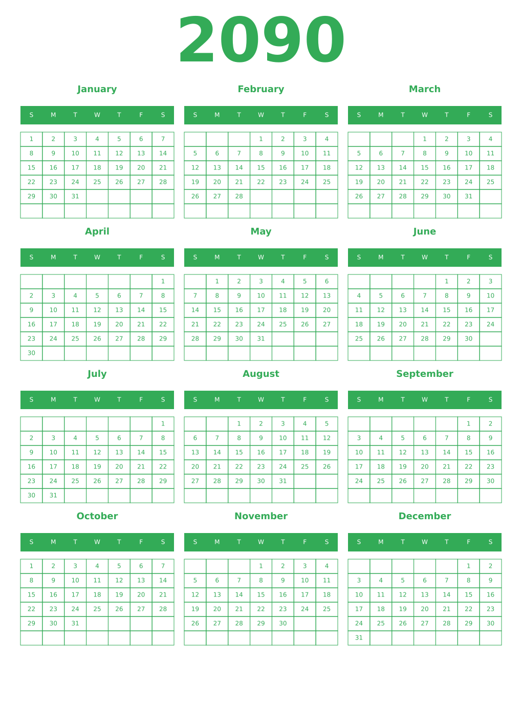 Printable 2090 Year Calendars green
