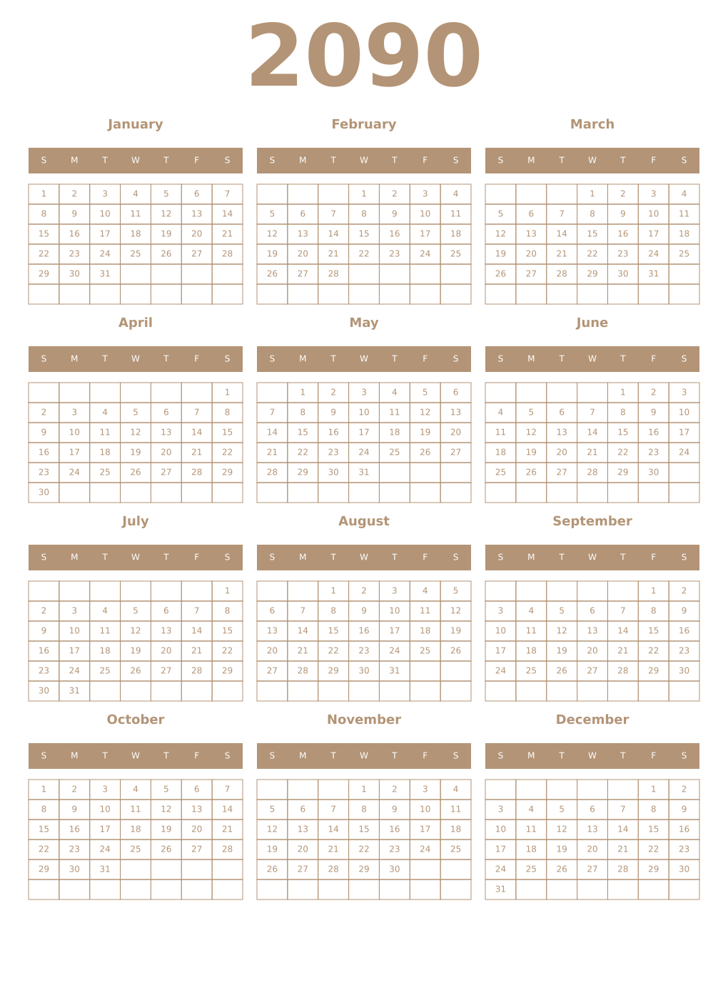 Printable 2090 Year Calendars isabelline