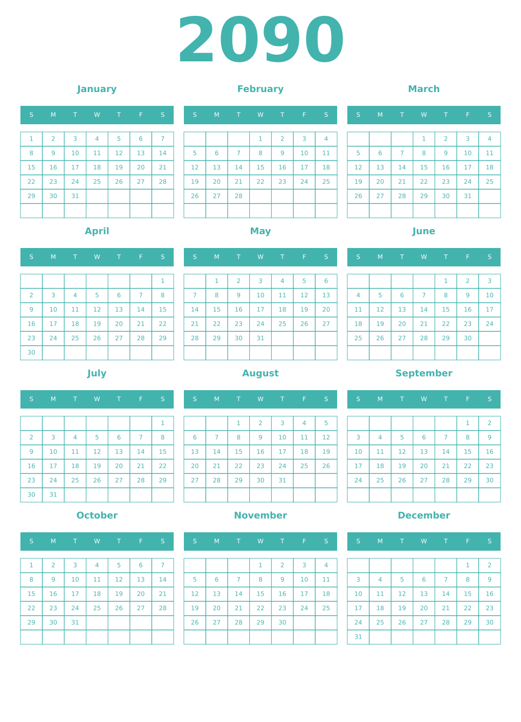 Printable 2090 Year Calendars verdigris