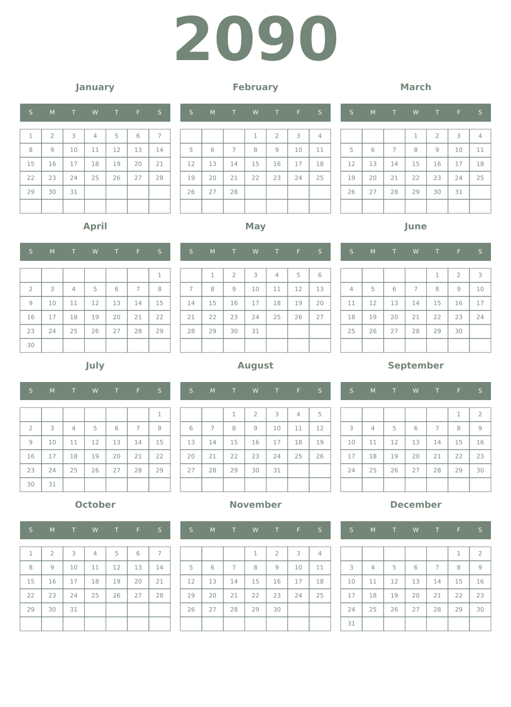 Printable 2090 Year Calendars xanadu