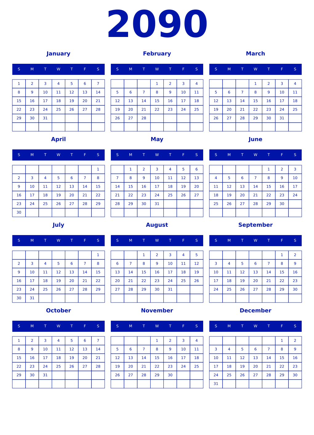 Printable 2090 Year Calendars zaffre