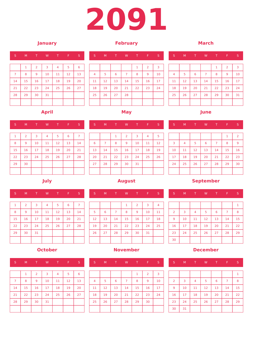 Printable 2091 Year Calendars amaranth