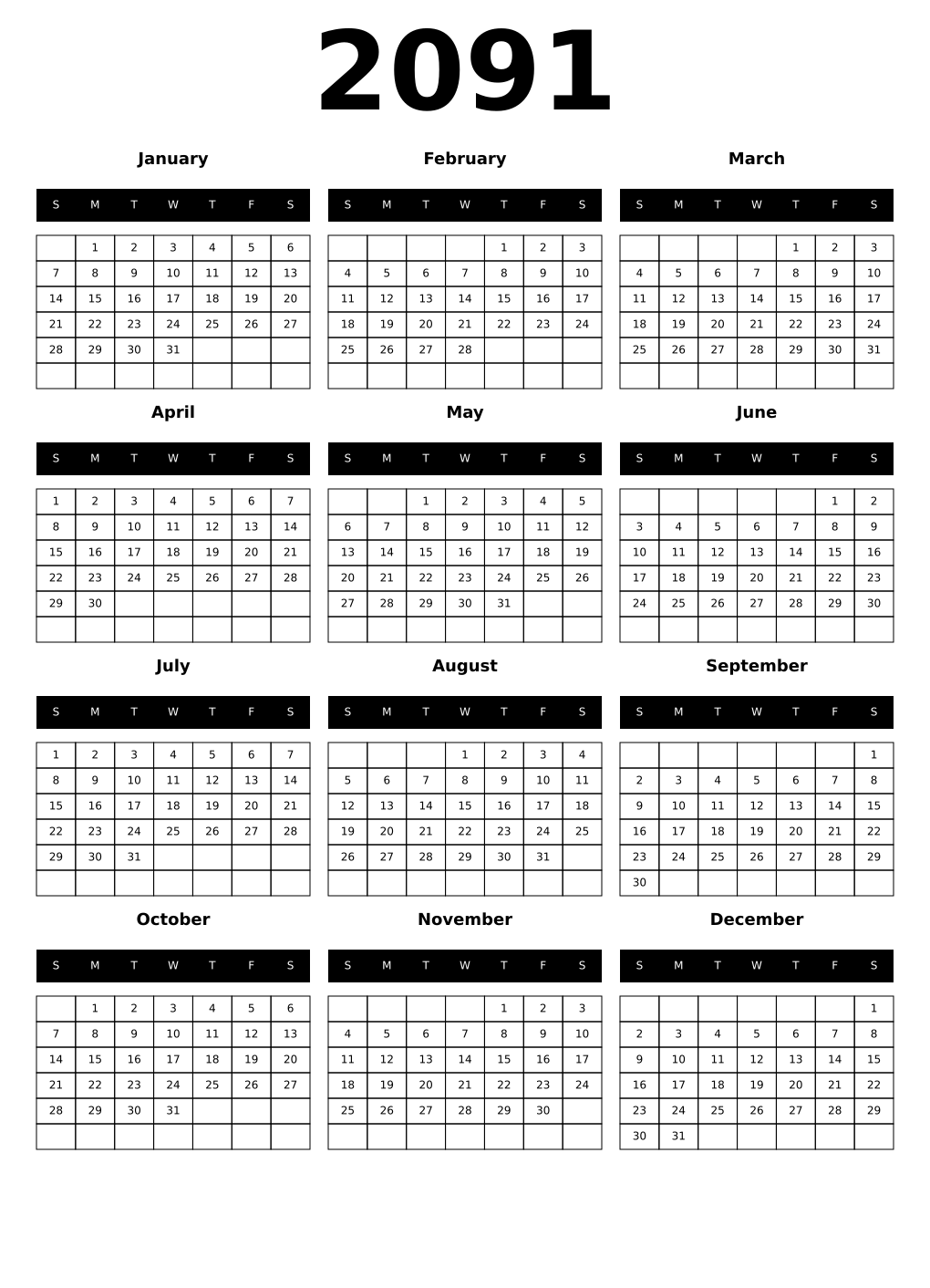 Printable 2091 Year Calendars black