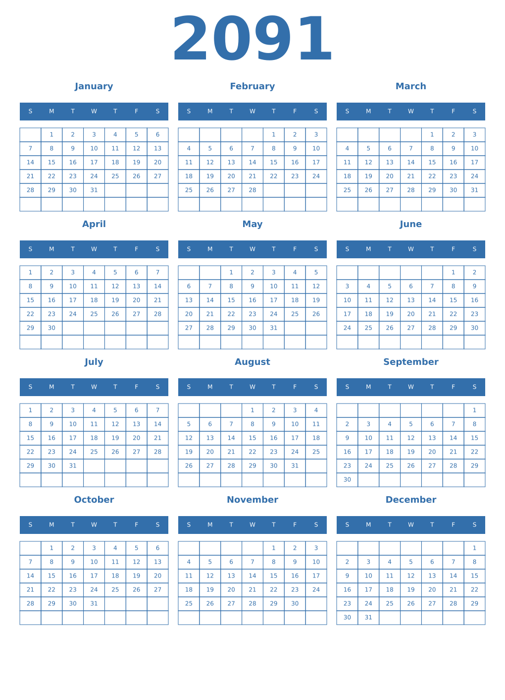 Printable 2091 Year Calendars blue