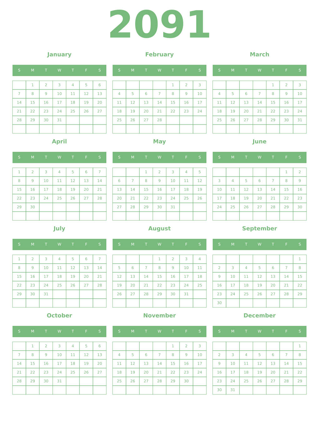Printable 2091 Year Calendars celadon