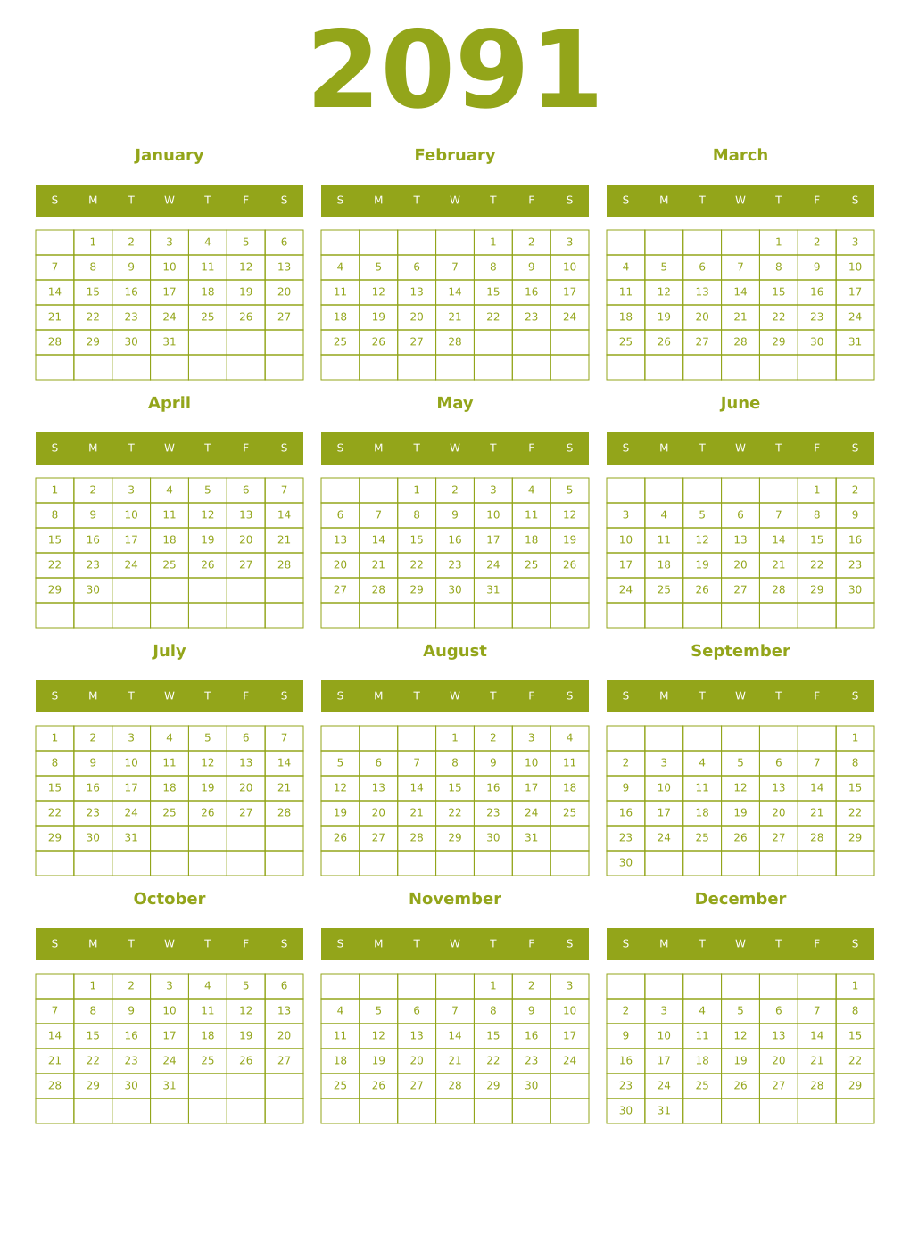 Printable 2091 Year Calendars chartreuse
