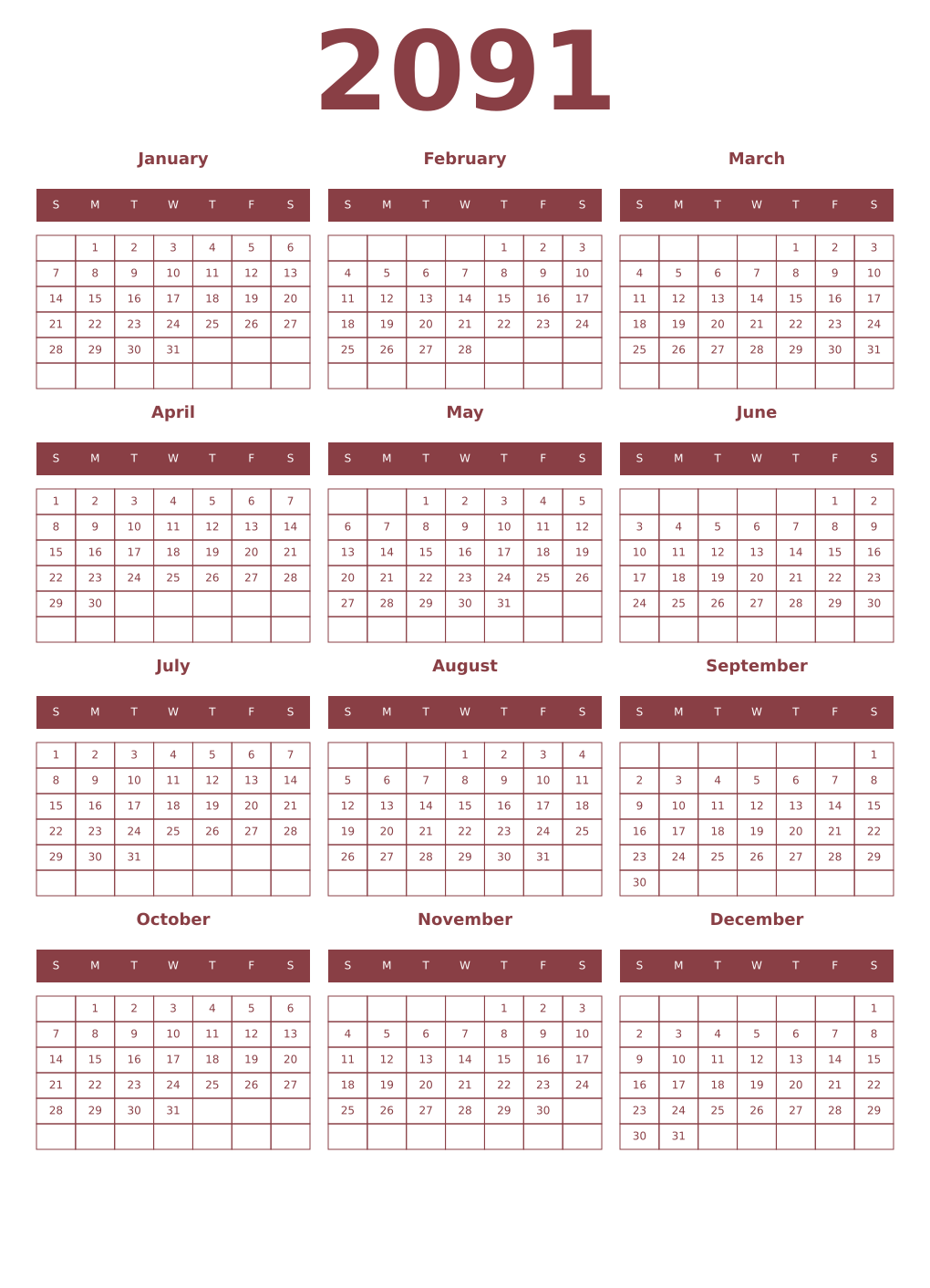 Printable 2091 Year Calendars cordovan