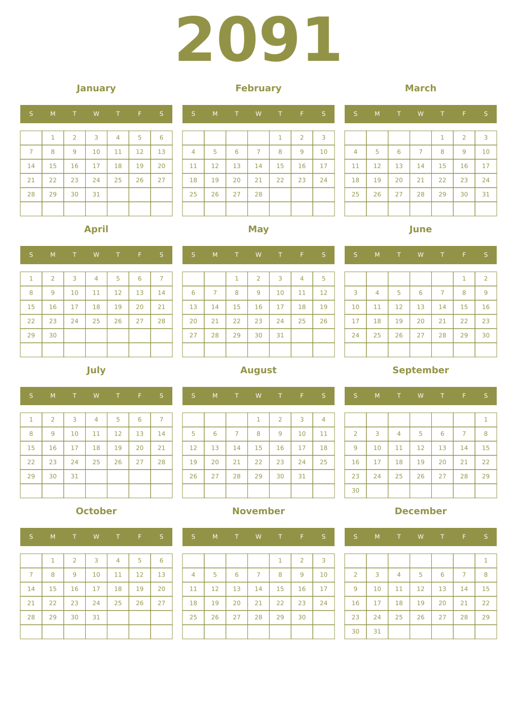 Printable 2091 Year Calendars eburnean