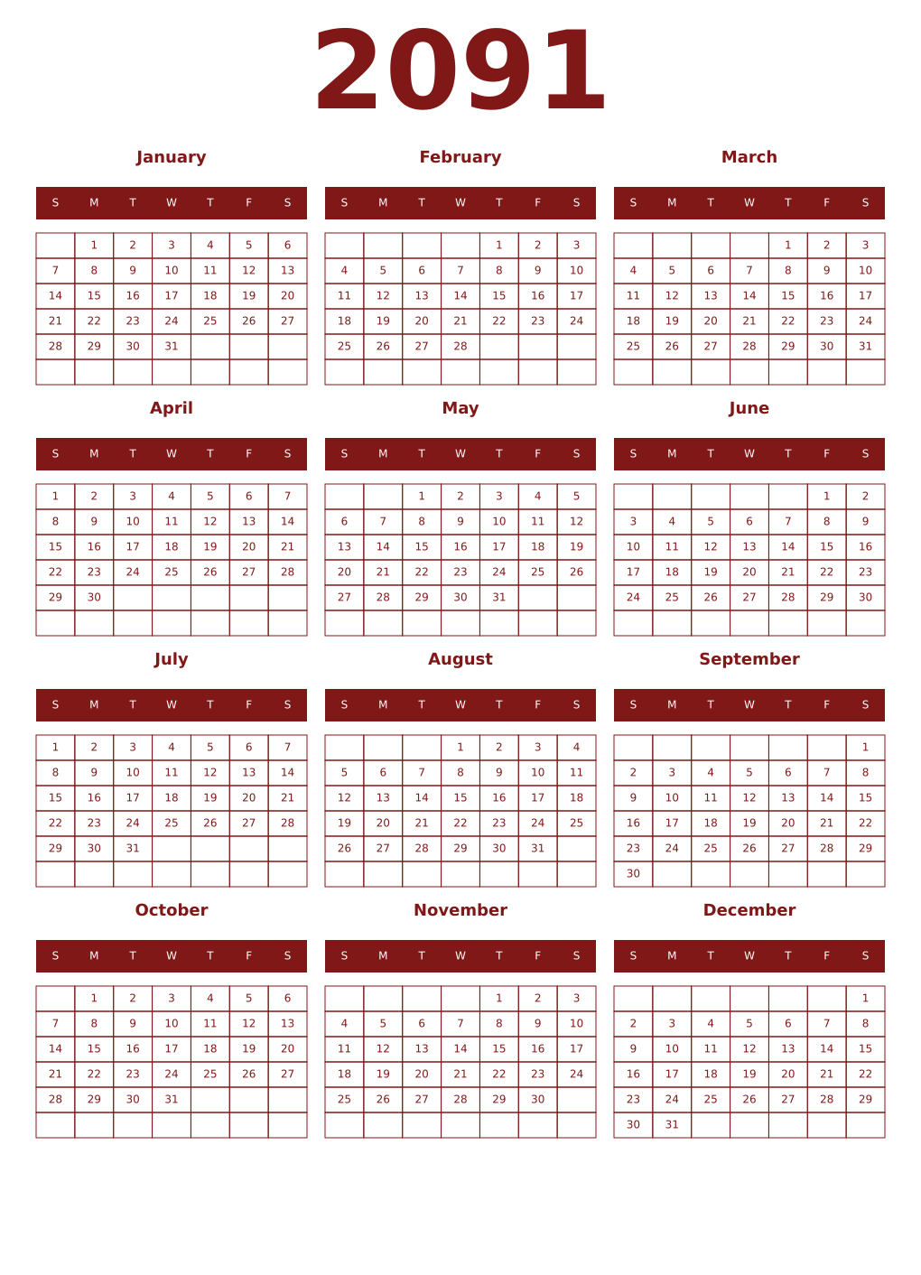 Printable 2091 Year Calendars falu