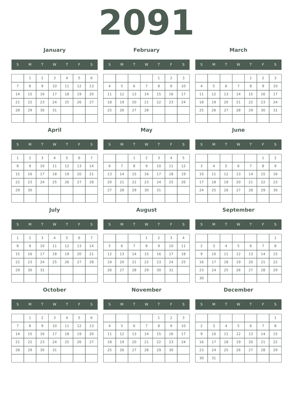 Printable 2091 Year Calendars feldgrau