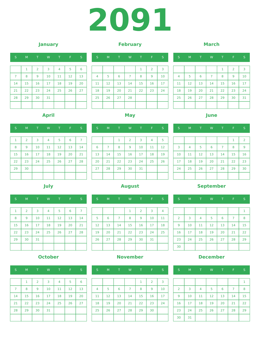 Printable 2091 Year Calendars green