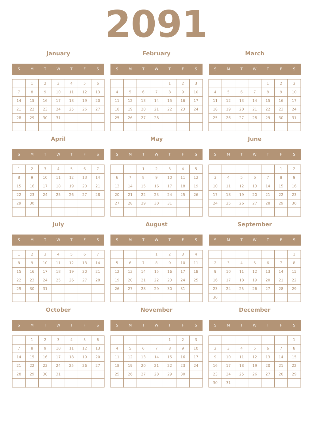 Printable 2091 Year Calendars isabelline