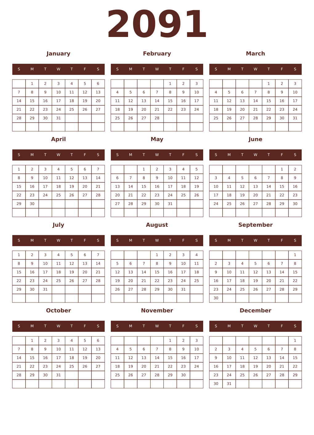 Printable 2091 Year Calendars mortuum