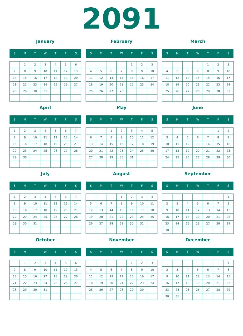 Printable 2091 Year Calendars pastel