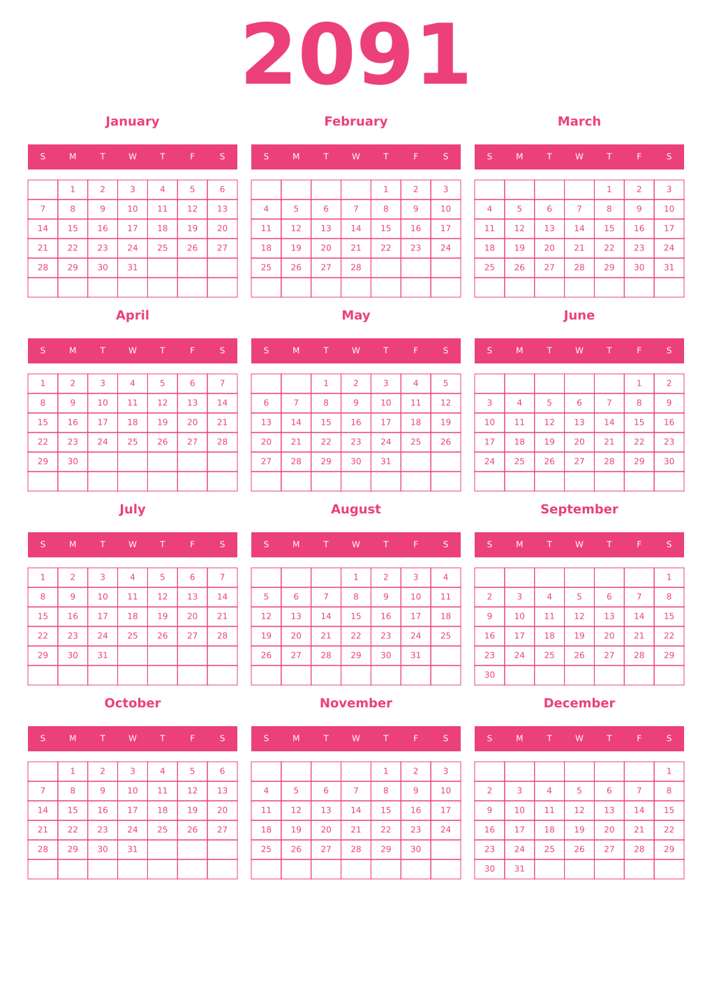 Printable 2091 Year Calendars pink