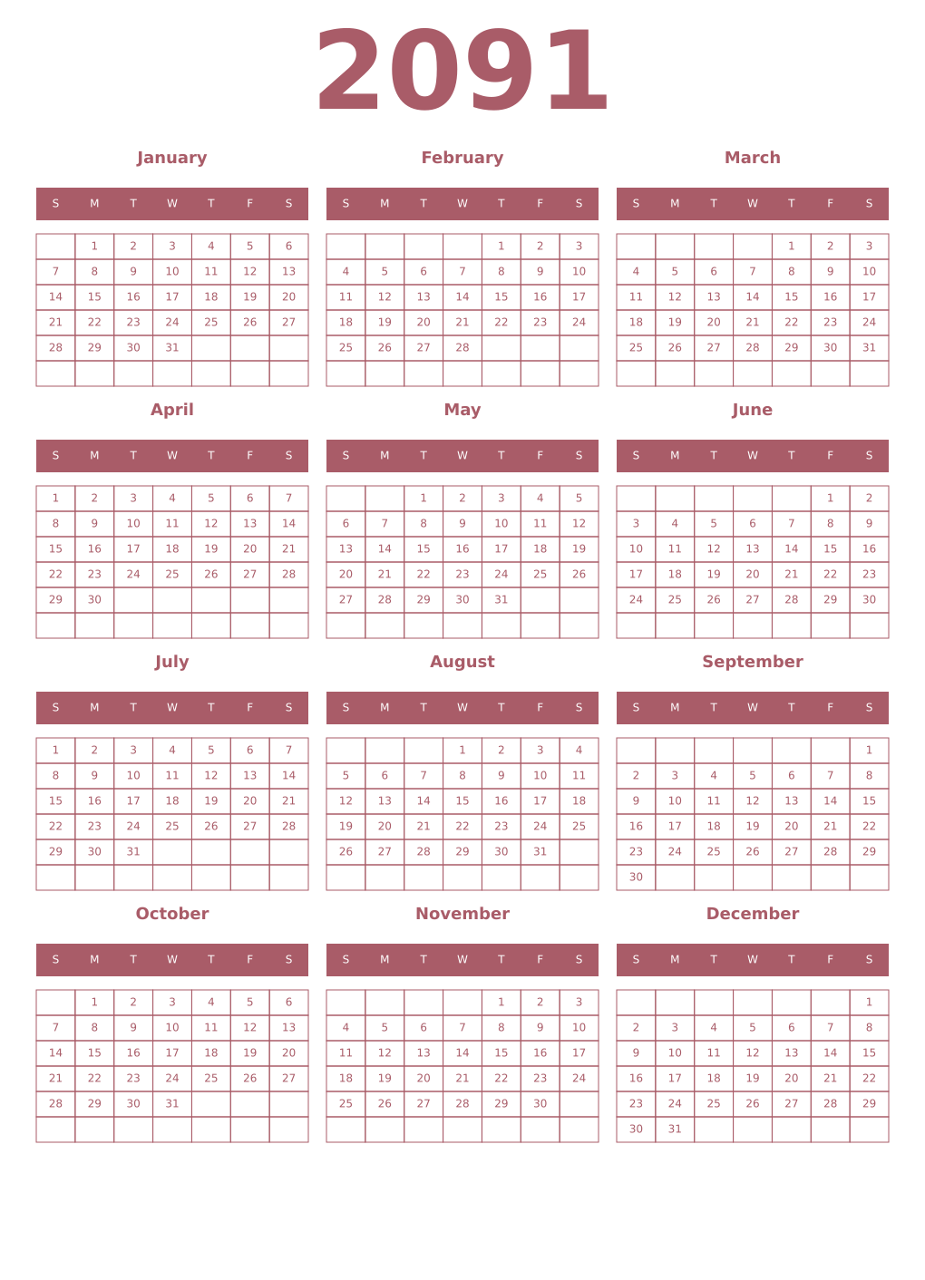 Printable 2091 Year Calendars puce