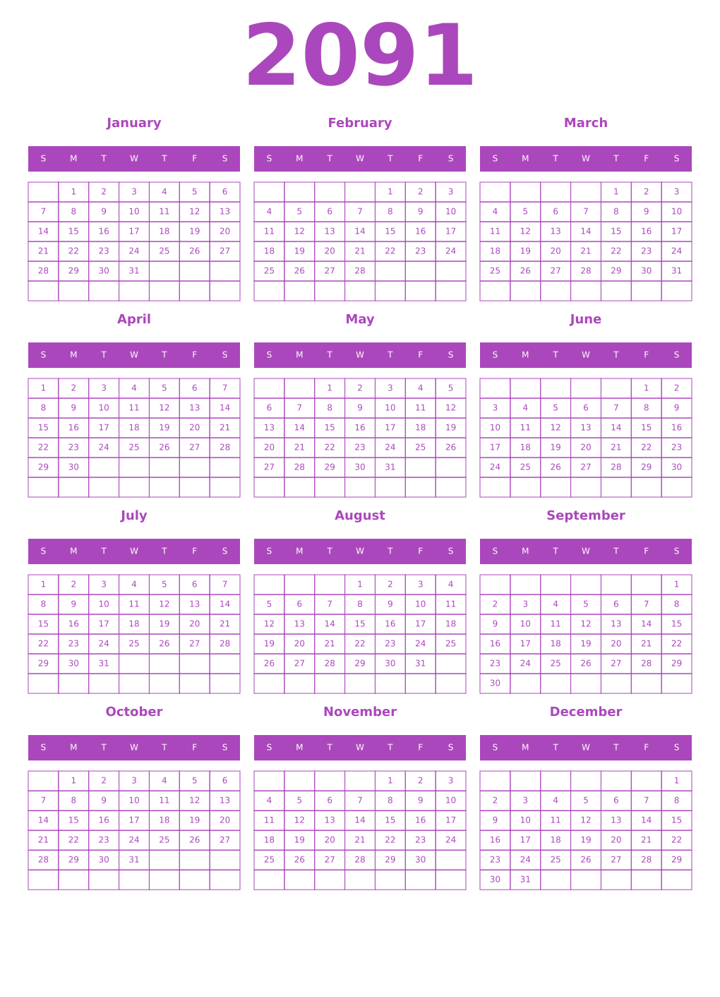 Printable 2091 Year Calendars purple